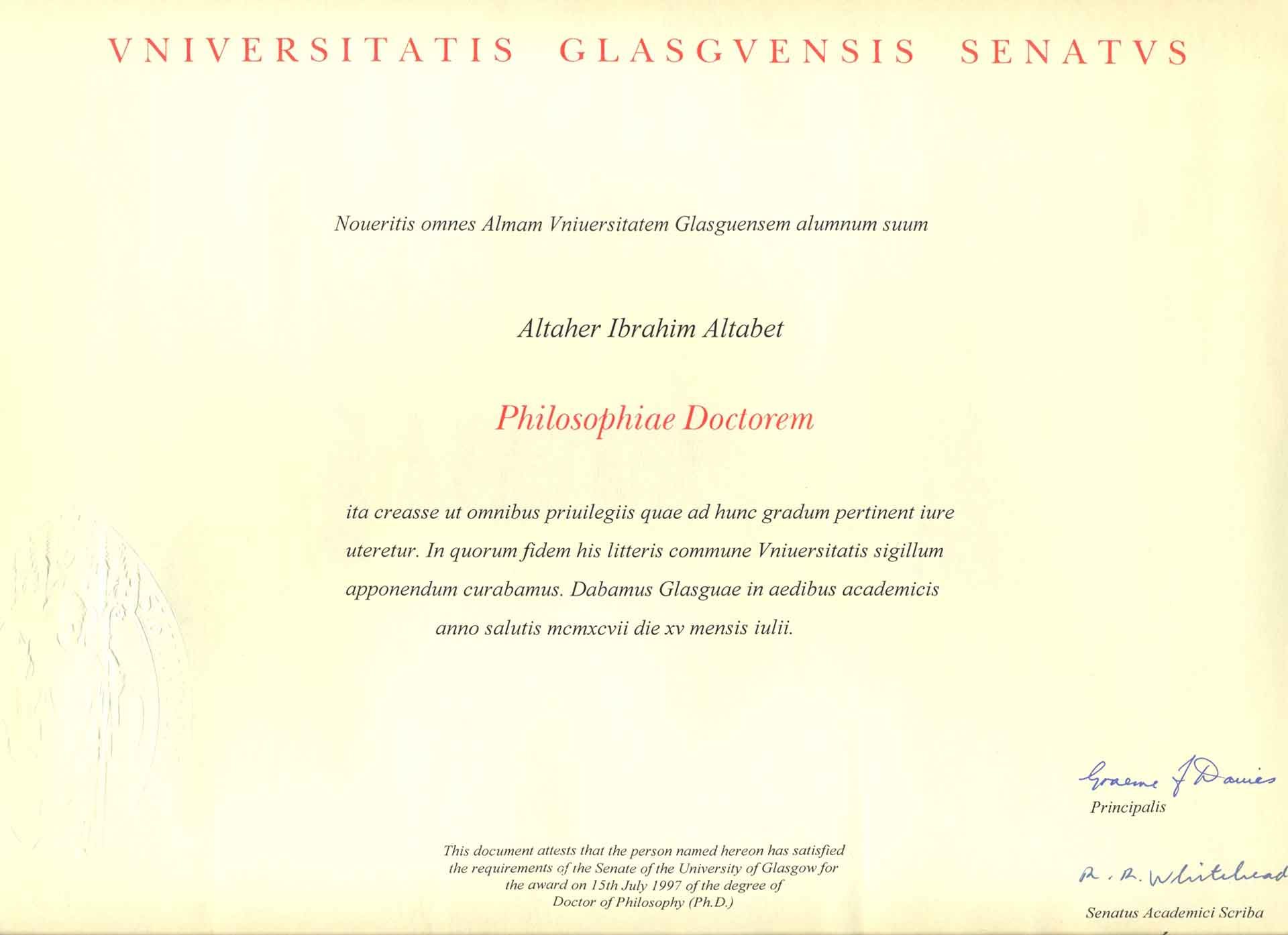 Glasgow University Phd Certificate 4503e0ec